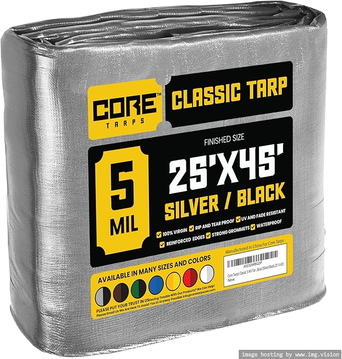 Core Tarps Classic 5 Mil Tarp Cover, Waterproof, UV Resistant, Rip and Tear Proof, Poly Tarpaulin with Reinforced Edges for Roof, Camping, Patio, Pool Cover, Boat (Silver/Black 25′ X 45′)