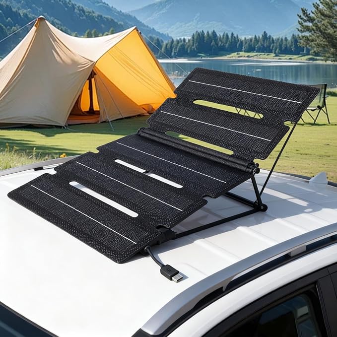 25W ETFE Foldable Solar Panel Ultra Thin Monocrystalline Portable Solar Charger with Innovative 5 Fold Design for Outdoor Camping, Hiking, Travel, Smartphones, USB Devices