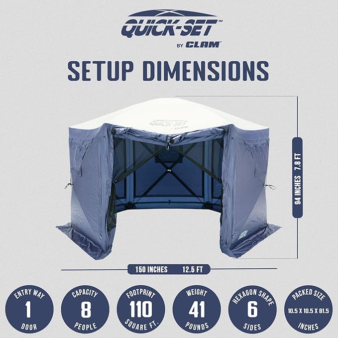 CLAM 12.5 x 12.5 Feet Quick-Set Pavilion Portable Outdoor Canopy Shelter, Slate Blue – Pop-Up Gazebo Camping Tent with Wind Panels and Bug Mesh Screen