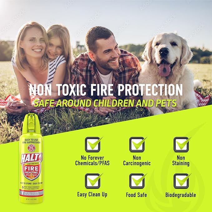 HALT! 10oz Fire Safety Spray – Non-Toxic, PFAS-Free Handheld Fire Suppressor – Easy to Use, Store & Find – Compact & Portable for Home, Kitchen, Car, BBQ, Camping & Tailgate – Made in USA (2pk)