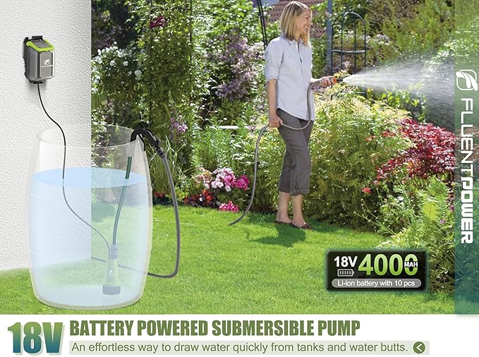 FLUENTPOWER Cordless Submersible Water Pump Kit, 18V 4Ah Battery Operated 530GPH 66FT 2 Bar Portable Transfer Sump Pump with G3/4" Garden Hose, for Water Tank Pool Pond Boat Rain Barrel