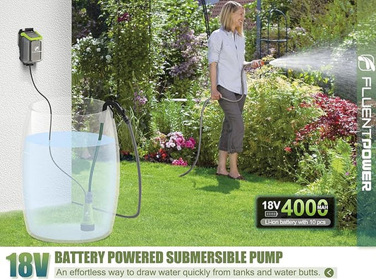 FLUENTPOWER Cordless Submersible Water Pump Kit, 18V 4Ah Battery Operated 530GPH 66FT 2 Bar Portable Transfer Sump Pump with G3/4" Garden Hose, for Water Tank Pool Pond Boat Rain Barrel