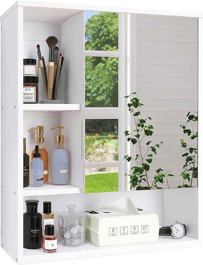 SMIBUY Bathroom Mirror Cabinet Wall Mounted, Bamboo Space Saver Medicine Cabinet, Wall Hanging Over Toilet Storage Cabinet with Mirror Door and Adjustable Shelf (White)