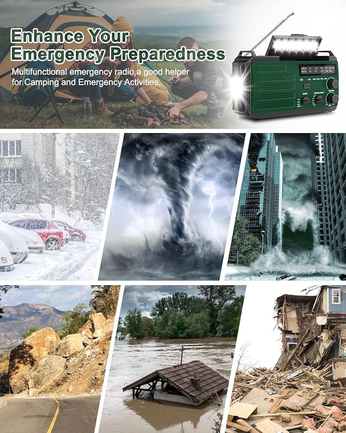 Hand Crank Emergency Radio, 6000mAh/22200mWh Solar AM FM NOAA Weather Alert Radio, 3-Mode Flashlight, Reading Lamp, SOS Alarm, Phone Charger for Winter Storm and Emergency