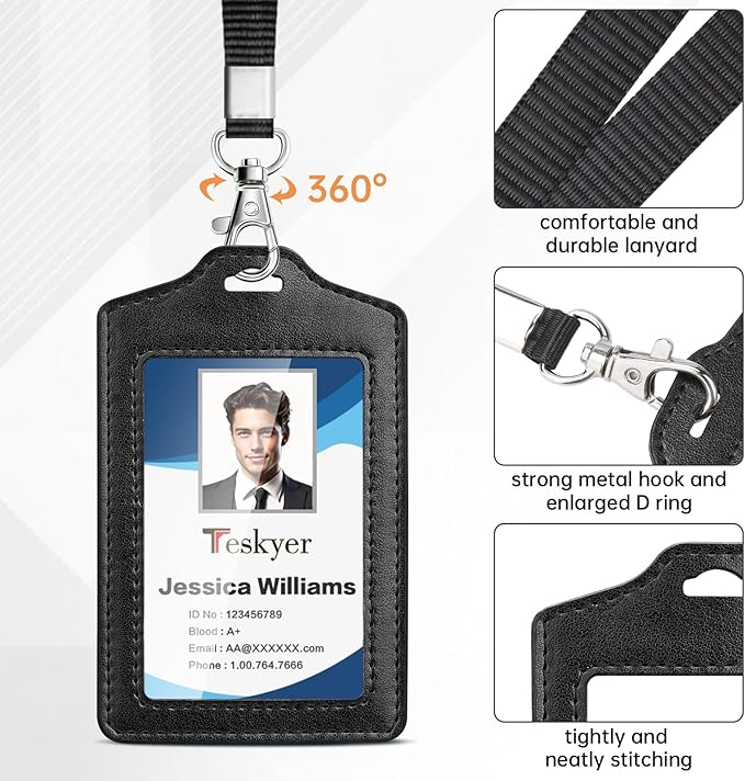 Teskyer 2 Pack Double Sided Clear Badge Holder with Lanyard, PU Leather ID Badge Name Card Holder with Stainless Steel J-Hook Nylon Lanyard for Work, School, Metro, Access, Black