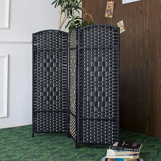 3 Panel Rattan Divider Short Room Partition Screen,Double Sided Folding Divider for Room Separation,Black,47.2" H x 47.2" W