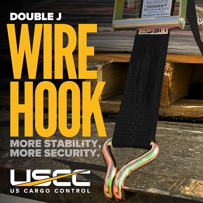 US Cargo Control Wire Hook Ratchet Straps 2 Inch x 12 Foot (4-Pack), 10,000 LBS Break Strength, Ratchet Straps Heavy Duty with Double J Hooks, Black Cargo Tie Downs for Flatbed Trailers and Trucks