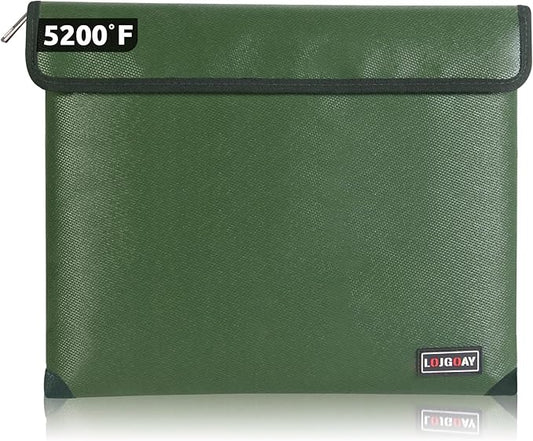 Waterproof Fireproof Document Bag - 5200°F with Heat Insulated, fireproof bags with Zipper, Fire Safe Envelope Bag for Cash/Important Documents/Valuables, fire proof money bag (Green, 13.9"x10.6")