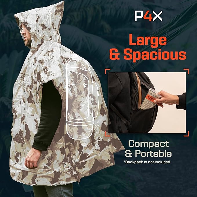 PREPARED4X Emergency Poncho and Mylar Blanket Liner - Waterproof, Wind-Resistant Outdoor Rain Poncho for Camping, Emergencies