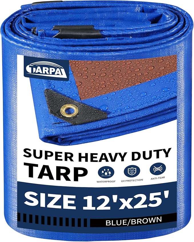 TARPAL 12x25ft Waterproof Heavy Duty Tarp 16Mil Thick with Metal Grommets Every 17.7" Large Multipurpose Tarp Tear-Resistant UV Protection Covers Roof, Pool,Car,Firewood&Outdoor Furniture(Blue/Brown)