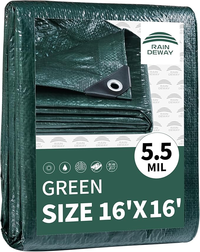 RAINDEWAY Tarps 16x16 Feet,Tarp Waterproof,5.5 Mil Thick, Multipurpose Waterproof Poly Tarp Cover with Metal Grommets and Reinforced Edges,Green Tarps