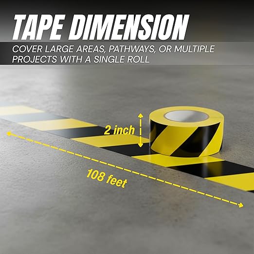 Tapix (24 Pack 2 Inch x 108 Feet Black & Yellow Tape Roll - Safety Stripe Waring Tape for Floor - Highly Adhesive Waterproof Hazard Tape for Floors, Walls, Staircase, Pipes, Equipment, Dangerous Area