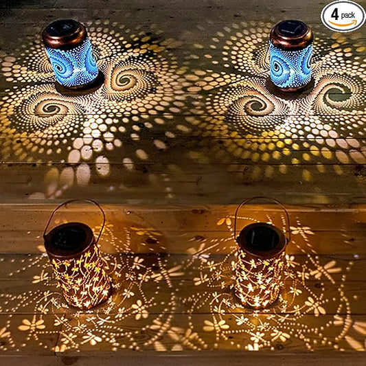 YISITEONE 4-Pack Solar Outdoor Hanging Lanterns, Waterproof Garden Table LED Lights, Metal Decorations for Patio Yard Lawn Front Porch, Gardening Gifts for Women Mom Grandma (2 Bohemian & 2 Dragonfly)