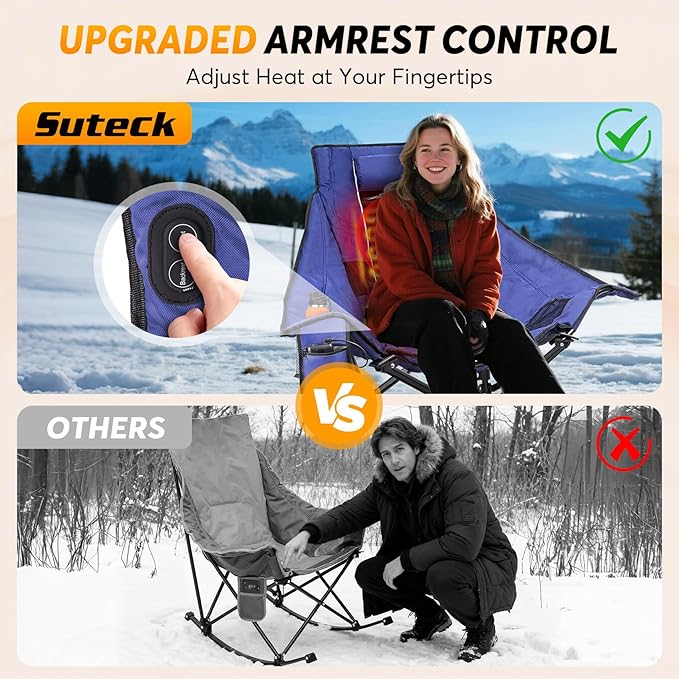 Suteck Heated Rocking Camping Chair, Oversized Heated Camping Chair W/20000mAh Power Bank & Carry Bag, Fully Padded Heated Chairs for Outdoor Sports W/3 Heat Levels for Back & Seat, Lawn Picnic Patio