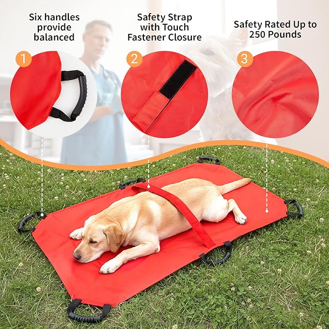 Geiserailie Transport Stretcher for Large Dogs with 6 Handles 47" L x 29" W Animal Folding Emergency Transport Carrier with Safety Strap, Max 250lbs(Red)