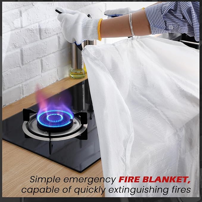 2 Sets Emergency Fire Blanket for Home Fire Suppression Thermal Blankets with Emergency Whistles, Hooks and Gloves for Kitchen, Fireplace, Car, Office, 39.3" x 39.3"