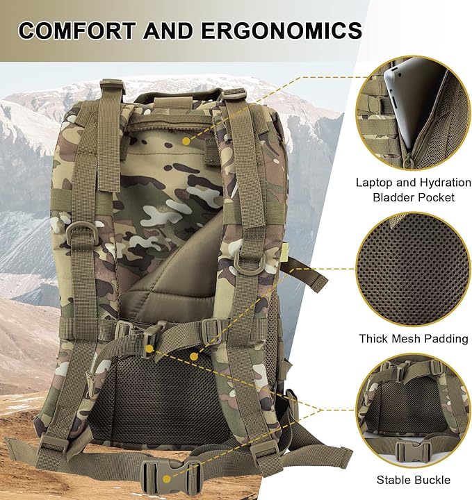 MOLLE Assault Backpack, Tactical Backpack Military Army Camping Rucksack, 3-Day Pack Trip w/USA Flag Patch, D-Rings, Cp