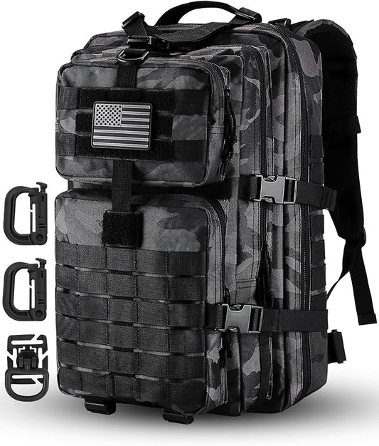 MOLLE Assault Pack, Tactical Backpack Military Army Camping Rucksack, 3-Day Pack Trip w/USA Flag Patch, D-Rings, Black Camo