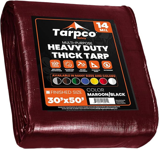 Tarpco Safety Extra Heavy Duty 14 Mil Tarp Cover, Waterproof, UV Resistant, Rip and Tear Proof, Poly Tarpaulin with Reinforced Edges for Roof, Camping, Patio, Pool, Boat (Maroon/Black 30′ X 50′)