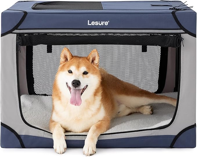 Lesure Shown on TODAY Show Soft Collapsible Dog Crate - 30 Inch Portable Travel Crate for Medium Dogs Indoor & Outdoor, 4-Door Foldable Pet Kennel with Mesh Windows, Blue