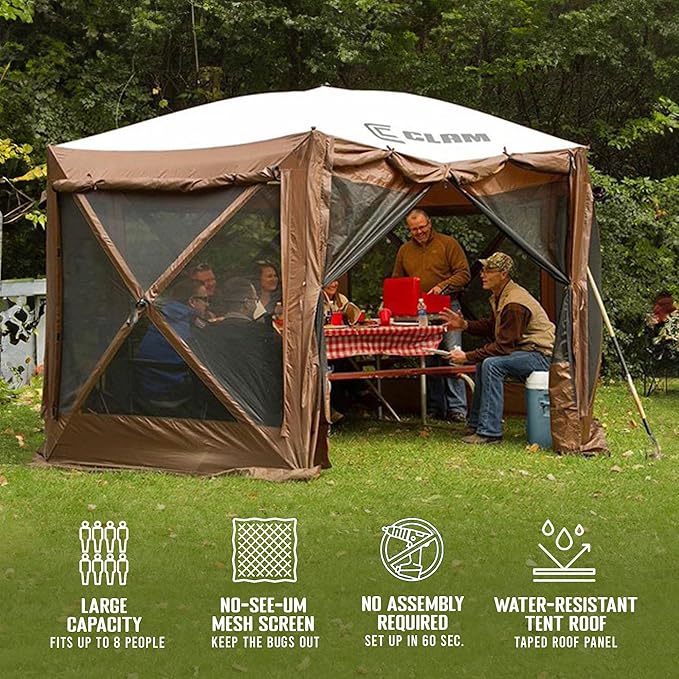 CLAM Pop Up Screen Tent, Large Outdoor Camping Gazebo Canopy, Pavilion, 12.5', Brown - Foldable and Portable Screened Shelter with Netting for Beach, Patio, and Backyard