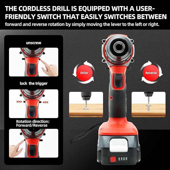 DOGTOOTH 21V MAX Cordless Drill, 2 * 2.0 Ah Batteries, 2 Speed Functions Max 1350 RPM, Build-in LED, 23 Bits, Charger, Tool Bag - Red