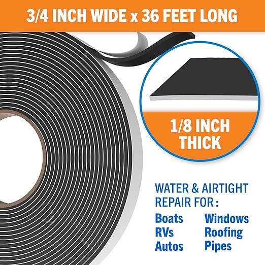 Butyl Tape, RV and Marine Window Seal Kit, Black Double-Sided Putty Tape, 1/8" x 3/4" x 36 Ft, Waterproof Rubber Caulking for Boat, RV Windows, and Outdoor Sealing
