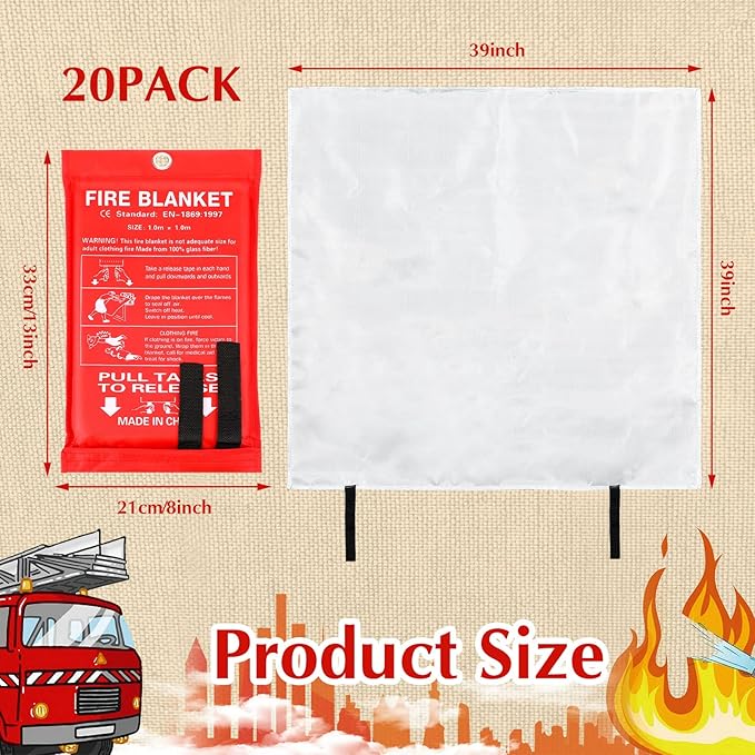 Macarrie 20 Pack 39” x 39” Fire Blanket Emergency for Home and Kitchen Safety Suppression Blanket Fiberglass Fireproof Survival for Fireplace Car Office Camping (Red)