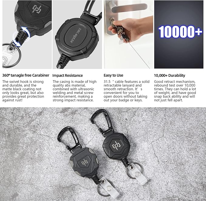 2 Pack Retractable Keychain Heavy Duty Carabiner Badge Holder, Tactical ID Badge Reel with 32” Steel Retractable Cord, 8.0 OZ