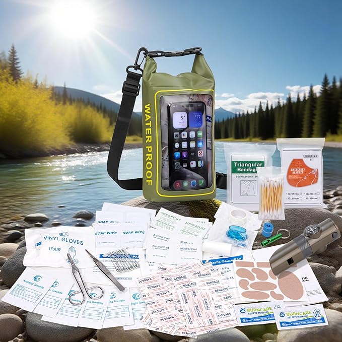154 Pieces Waterproof Boat First Aid Kit Dry Bag with Cell Phone Bug Out Bags Pouch Roll Top Boat Emergency Kit 2-in-1 for Camping Fishing Kayaking Swimming Rafting