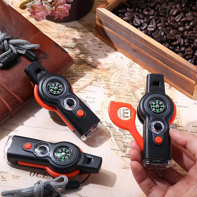 12 Pack Emergency Survival Whistle 7-in-1 Compass Hiking Survival Safety Whistle with Lanyard Outdoor Multifunctional Tool Ideal for Hiking Camping Rescue Signaling