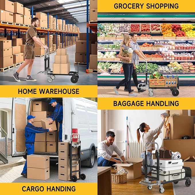 3-in-1 Heavy Duty Folding Hand Truck, 500LB Capacity Convertible Steel Dolly Cart with 360° Swivel Wheels & Telescopic Handle, Foldable Utility Wagon for Moving, Warehouse and Shopping
