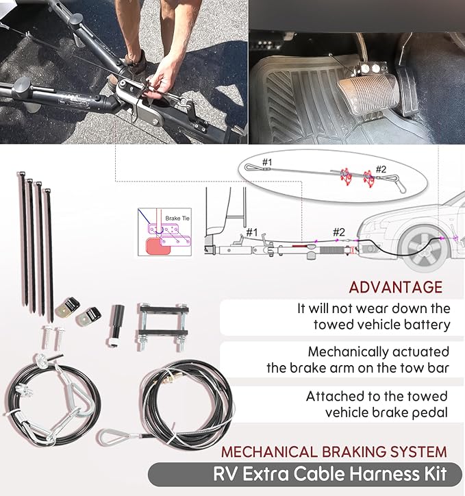Camoo RV Brake Systems for Flat Towing, Emergency Break Away Device and Ready Stop Device,w/Break Pedal Connected Cables Kit Work Between Flat-Towing Cars and RV Tow Bars