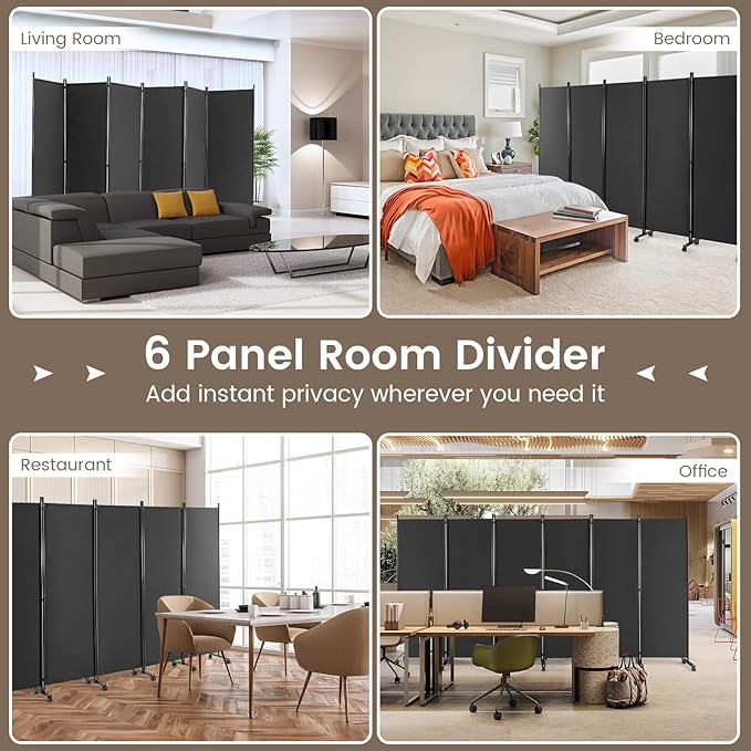 Giantex 6 Panel Room Divider, 132''W x 68''H Large Folding Privacy Screen, Rolling Partition Room Dividers for Home Office Studio Separation, Freestanding Fabric Wall Divider Screen on Wheels, Gray
