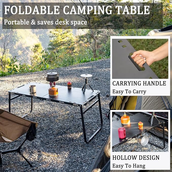 SoloWilder Foldable Camping Table with Gas Struts 3'5" Carbon Steel Large Outdoor Portable Table 11.8lb for Hiking, BBQ, Picnic