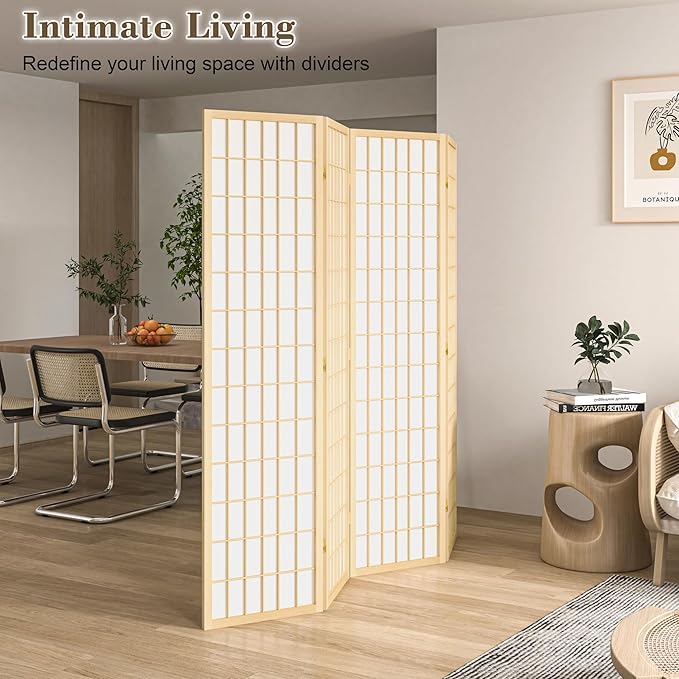 WelFurGeer 4 Panel Room Divider, Folding Privacy Shoji Screens, Room Partitions and Dividers, Decorative Room Dividers, Wall Dividers for Room Separation, Japanese Wood Room Divider for Home (Natural)