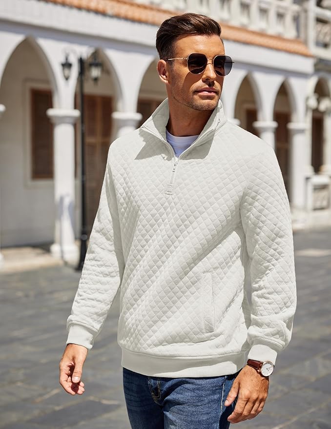 COOFANDY Mens Quarter Zip Pullover Quilted Sweatshirt Knit Long Sleeve Mock Neck Sweater Polo with Pocket