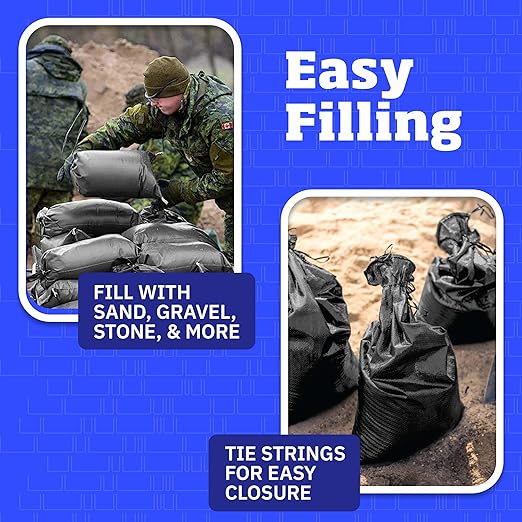 DURASACK Heavy Duty Sand Bags with Tie Strings Empty Woven Polypropylene Sand-Bags for Flood Control with 1600 Hours of UV Protection, 50 lbs Capacity, 14x26 inches, Black, Pack of 50