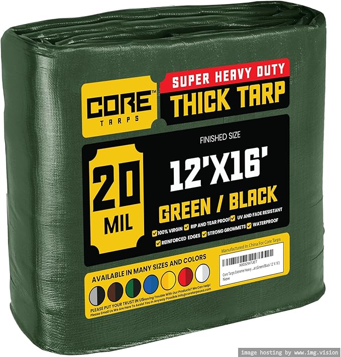 Core Tarps Extreme Heavy Duty 20 Mil Tarp Cover, Waterproof, UV Resistant, Rip and Tear Proof, Poly Tarpaulin with Reinforced Edges for Roof, Camping, Patio, Pool, Boat (Green/Black 12′ X 16′)