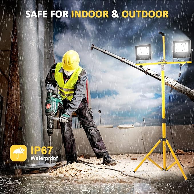 24000 Lumen Work Lights with Stand, Works Light Adjustable 2 Head Tripod Work Light IP67 Waterproof Tripod Work Light Stand