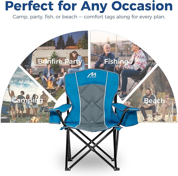 Oversized Padded Camping Chair, Heavy-Duty Steel Frame for 450 lbs Supports, Convenient 6-Can Cooler, Portable Carry Bag, Perfect for Outdoor, Beach, and Hiking (Blue & Gray)