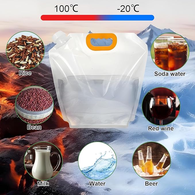 20Pcs 1.3Gallon Collapsibles Water Container Bag Bulk, Emergency Container Carrier Water Bottles, Freezable Waters Storage Jug, BPA Free Food Grade Clear Plastic for Outdoor Camping Riding