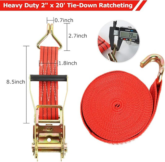 HNBun 4 Pack Ratchet Tie Down Straps, 2 Inch x 20 Feet, 10,000 lbs Break Strength, Heavy Duty Cargo Lashing Straps with Double J Hooks for Trailer, Truck, and Farm Equipment, Red