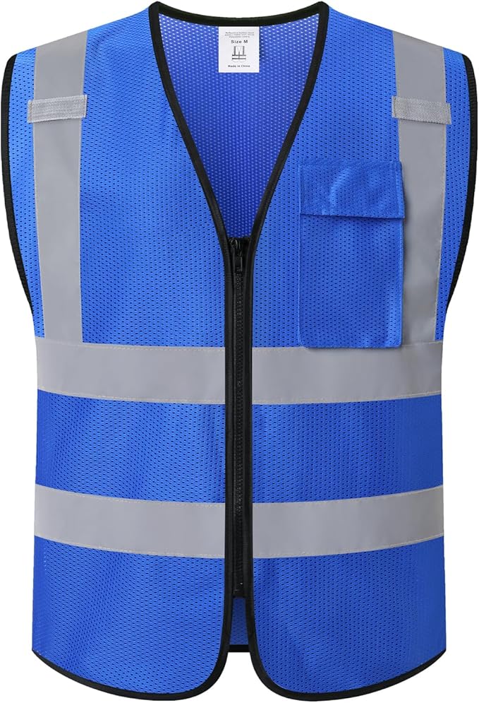 Hi Vis Reflective Safety Vest for Men Women Work, Mesh High Visibility Construction Vest with Chest Pocket and Zipper Front,Meets ANSI/ISEA Standard (KZ179-Blue-M)