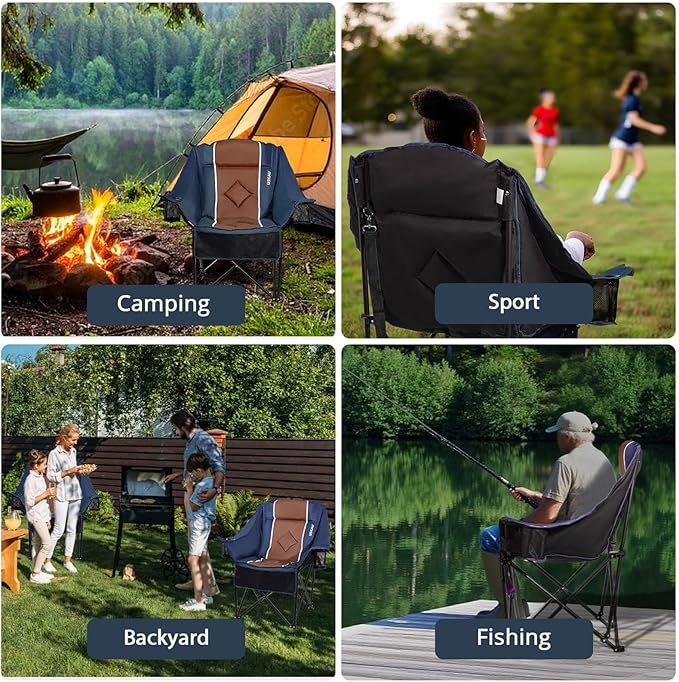Oversized Folding Camping Chair for Adults Heavy Duty Padded Outdoor Chairs Big and Tall XL Picnic Chair with Cup Holders 400lb Capacity, Comfy for Lawn Sports and Outside Use