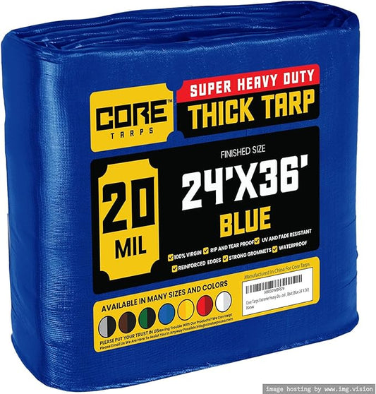 Core Tarps Extreme Heavy Duty 20 Mil Tarp Cover, Waterproof, UV Resistant, Rip and Tear Proof, Poly Tarpaulin with Reinforced Edges for Roof, Camping, Patio, Pool, Boat (Blue 24′ X 36′)