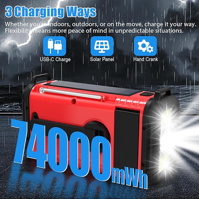 20000mah Emergency Radio, Solar Hand Crank Portable AM FM NOAA Radios, Rechargeable Battery, SOS Alarm, Flashlight, Reading Lamp for Home Outdoor Emergency (Red)