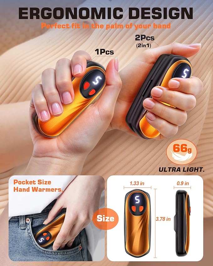 Hand Warmers Rechargeable 2 Pack, 6000mAh Electric Hand Warmers, 5-Level Heating with Battery Display, Reusable Portable Pocket Heater, Gifts for Christmas, Outdoor, Golf, Travel, Hunting, Camping