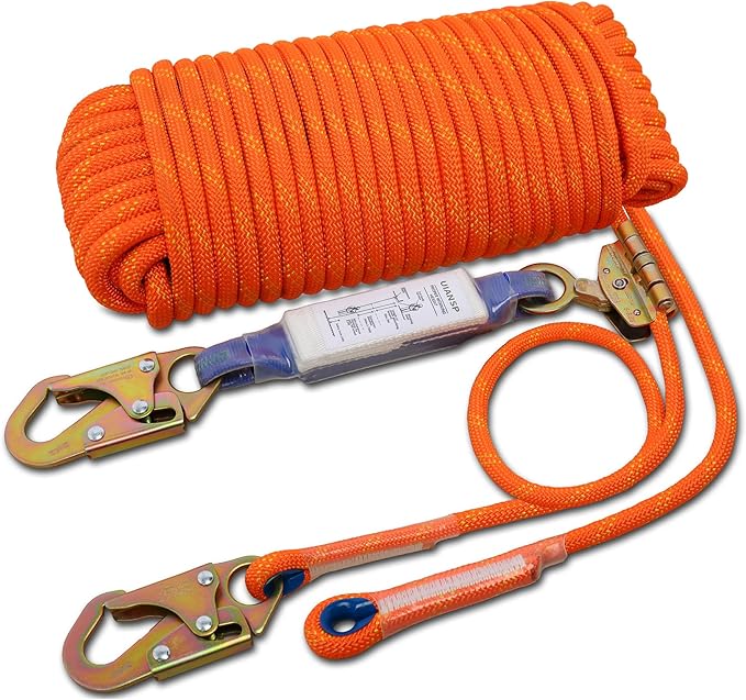 Fall Protection Safety Rope100ft Heavy Duty Vertical Roofing Rope Rope Grab Snap Hook Shock Absorber Fall Protection Line Kit Restraint System Roofing Safety Equipment (100FT)