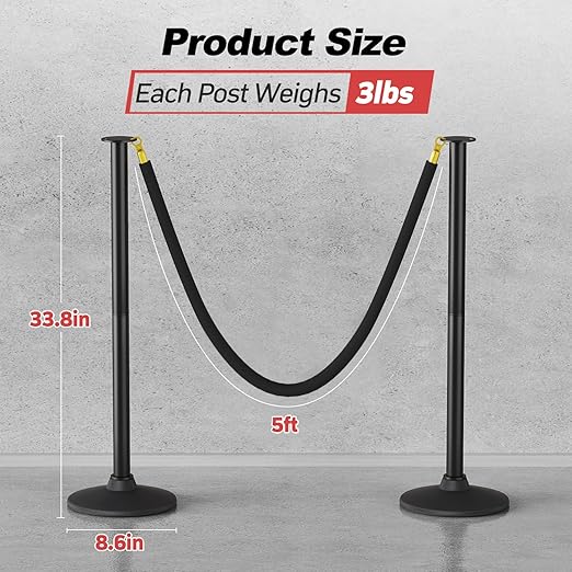 BATTIFE Plastic Stanchion Posts with Three Black Velvet Ropes and Weighted Rubber-Plastic Base, Crowd Control and Queue Management Barrier Poles for Party, Event, Red Carpet (4 Pack)